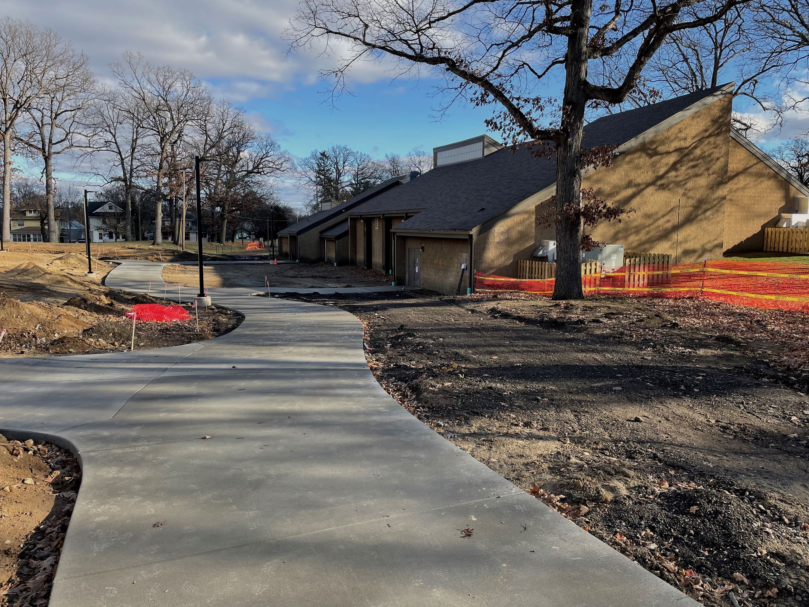 New walkway outside the Boos Recreation center in late fall 