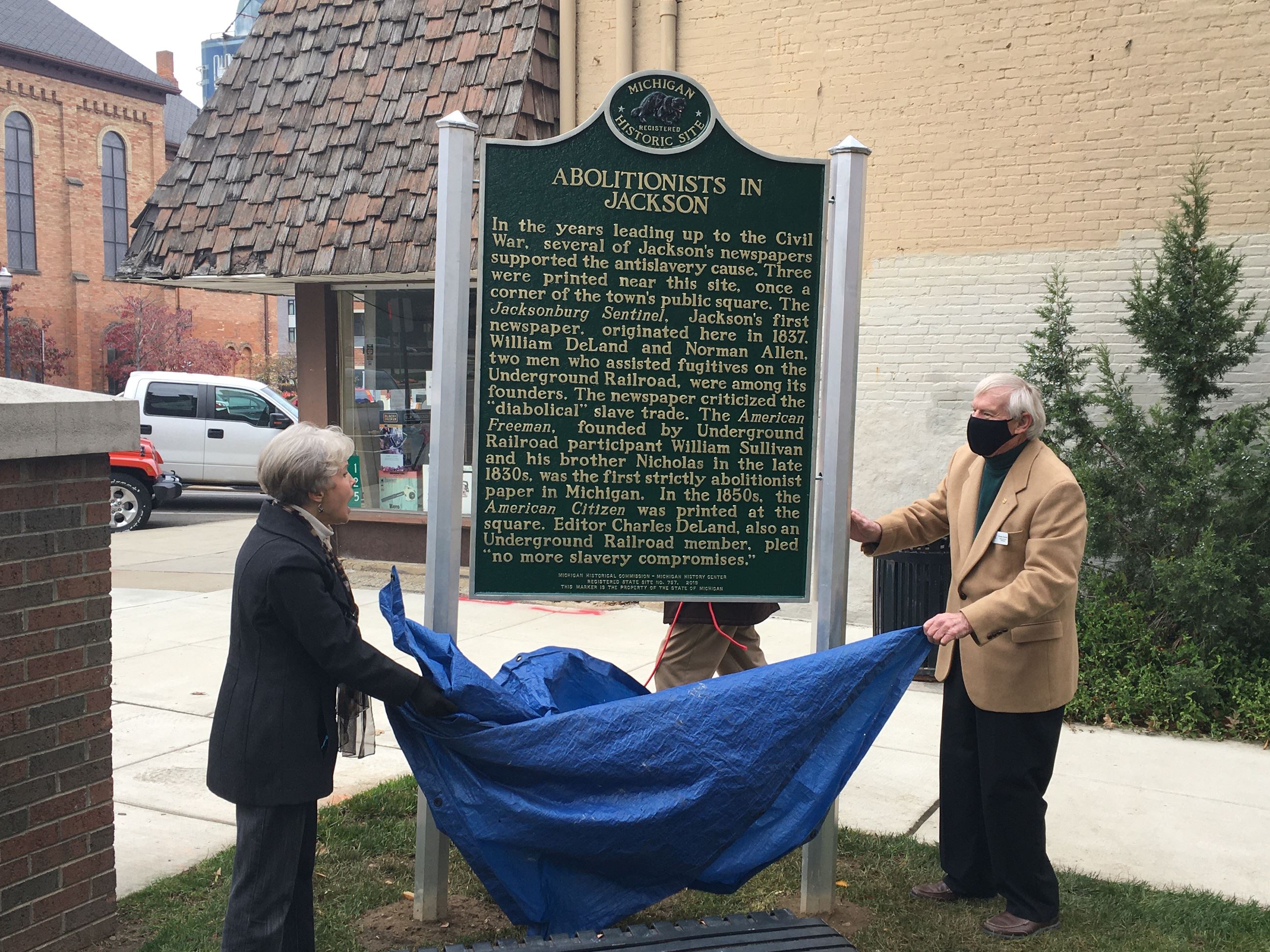 Anti-slavery historical marker in Bucky Harris Park 